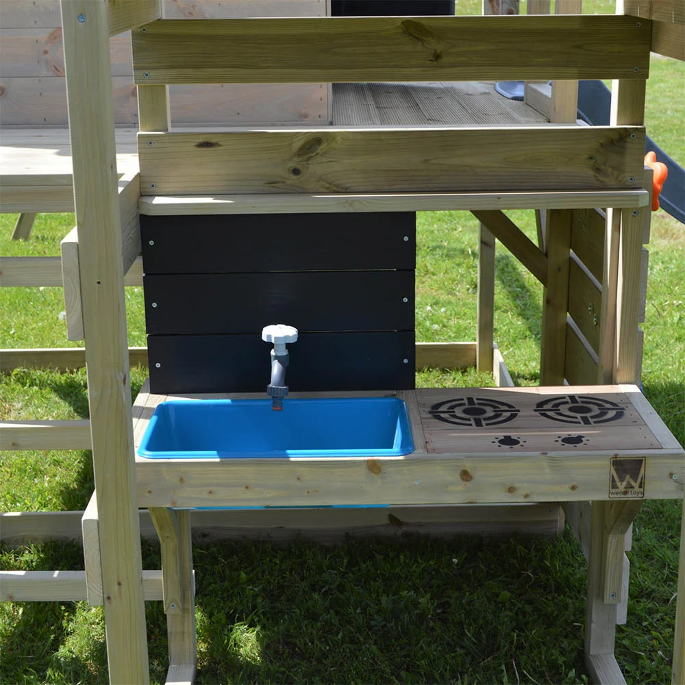 Wooden Playhouse - Nordic Adventure Slide, Solo Swing, Gym and Kitchen