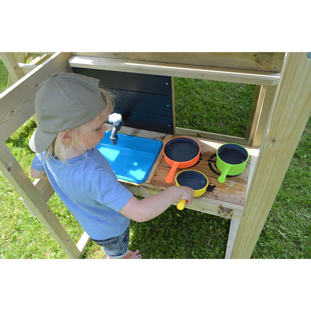 Wooden Playhouse - Nordic Adventure Slide, Solo Swing, Gym and Kitchen