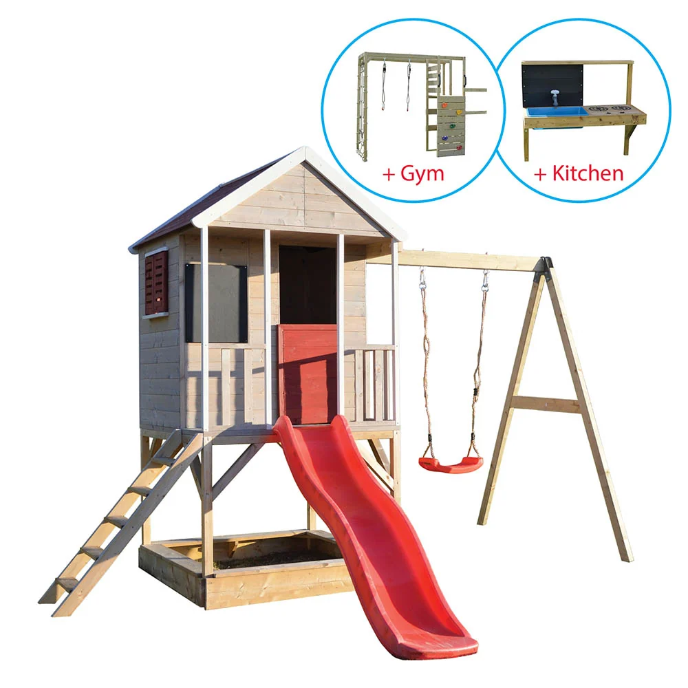 Wooden Playhouse - Nordic Adventure Slide, Solo Swing, Gym and Kitchen