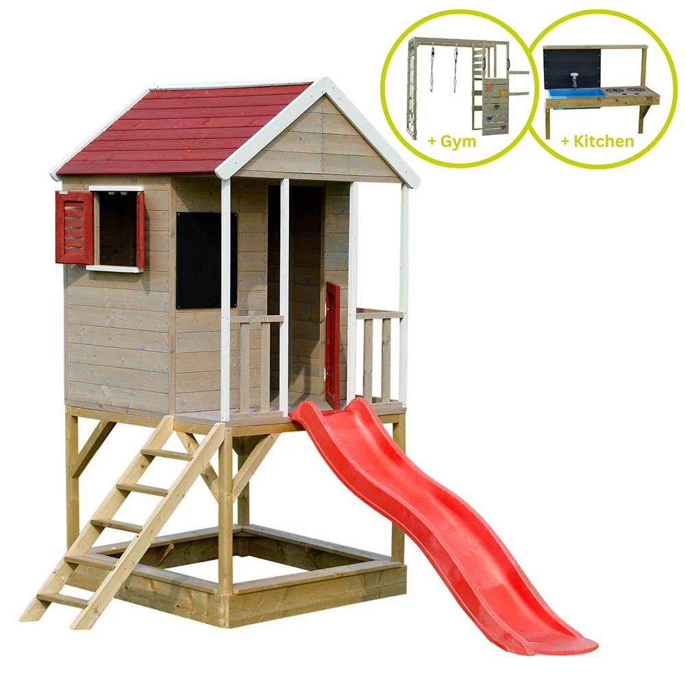 Wooden Playhouse - Summer Adventure Slide, Gym and Kitchen