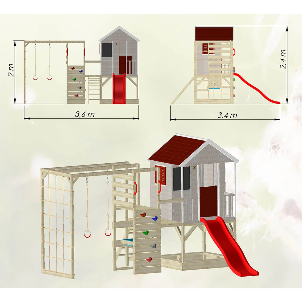 Wooden Playhouse - Summer Adventure Slide, Gym and Kitchen