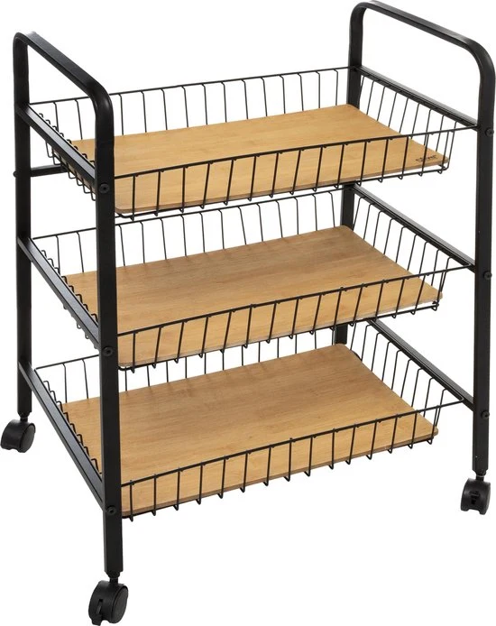 5Five® Serveerwagen met 3 draadstaal opbergvakken 52x39x70 cm - Zwart