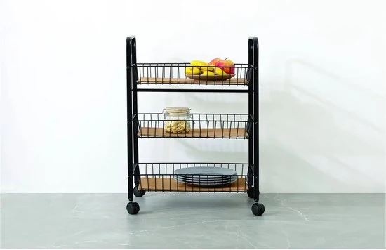 5Five® Serveerwagen met 3 draadstaal opbergvakken 52x39x70 cm - Zwart