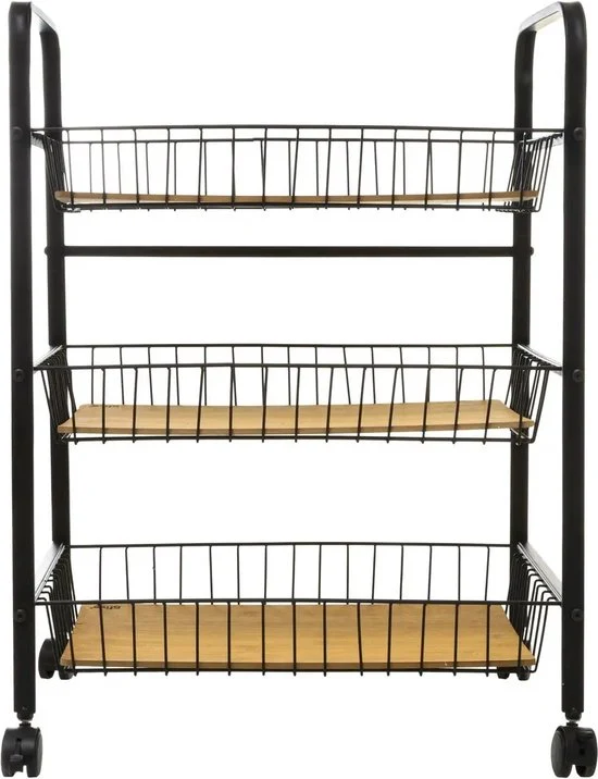 5Five® Serveerwagen met 3 draadstaal opbergvakken 52x39x70 cm - Zwart