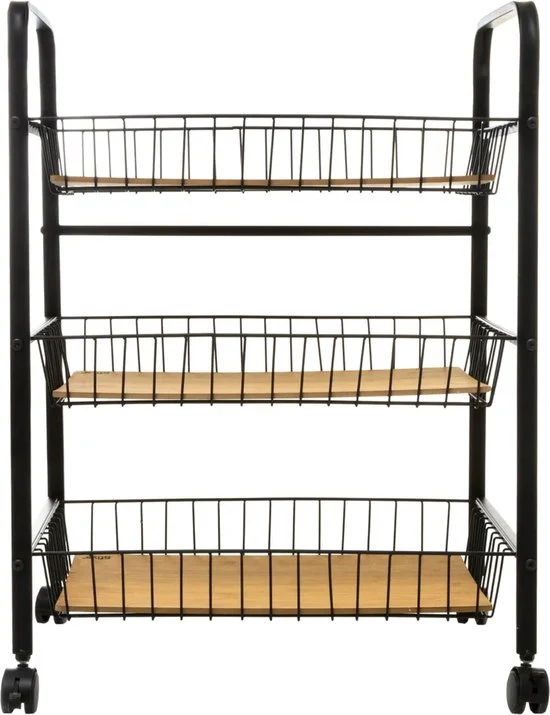 5Five® Serveerwagen met 3 draadstaal opbergvakken 52x39x70 cm - Zwart