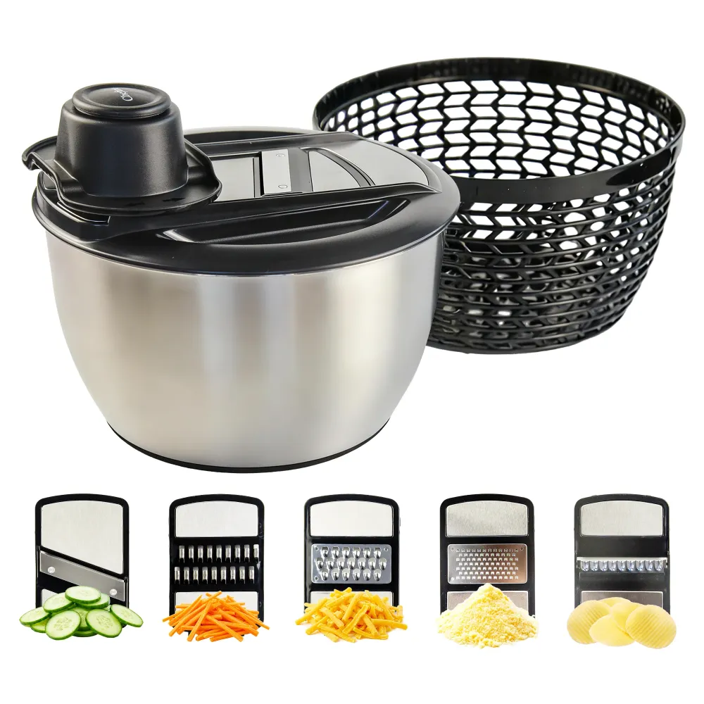 Chefino All - Slacentrifuge RVS 5L met Snij- en Raspmessen – Salade Spinner – Sladroger – Slakom met Mandoline – Groentesn...