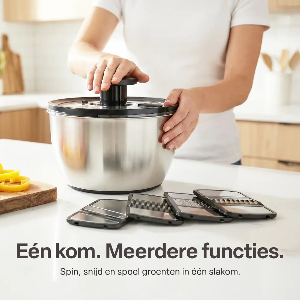 Chefino All - Slacentrifuge RVS 5L met Snij- en Raspmessen – Salade Spinner – Sladroger – Slakom met Mandoline – Groentesn...