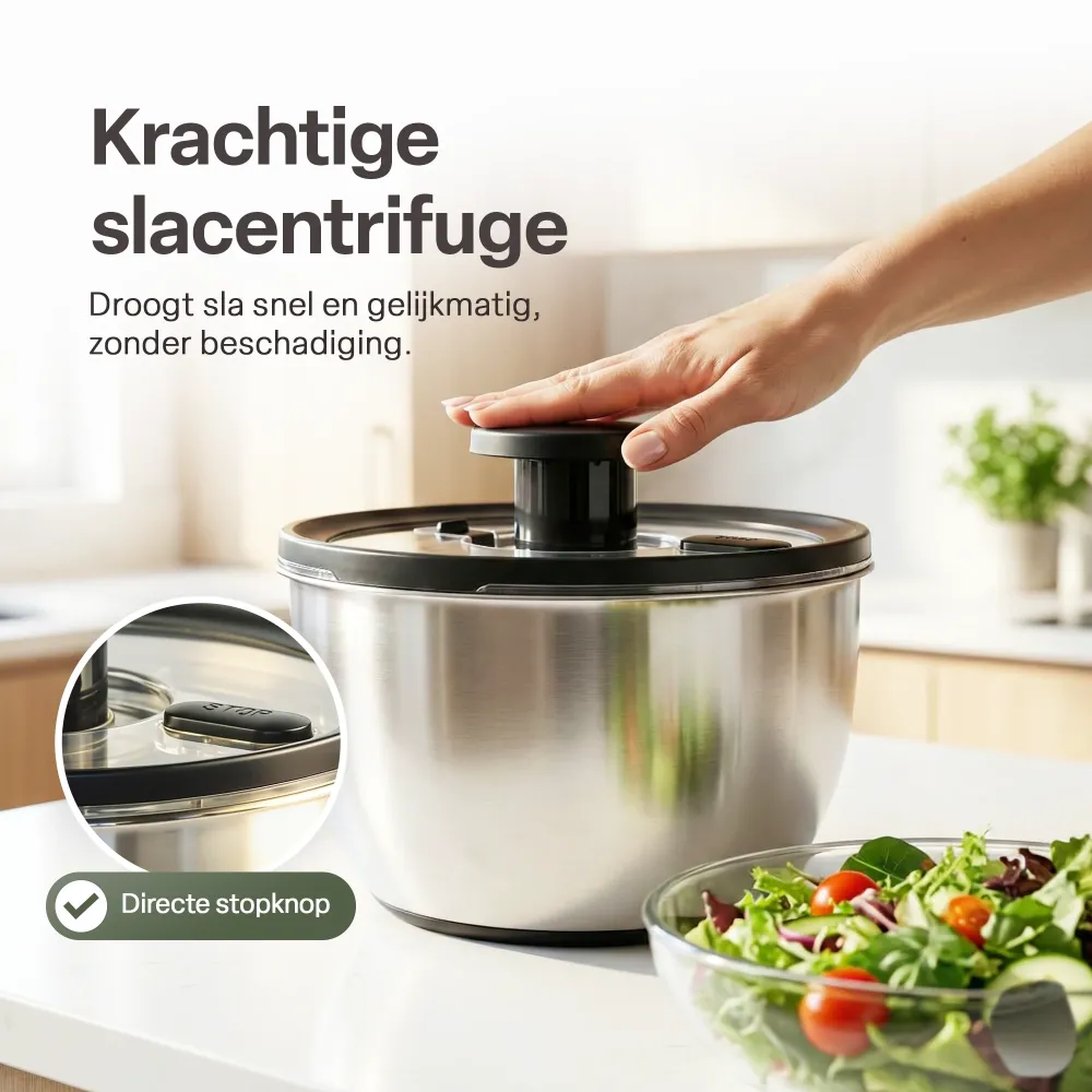 Chefino All - Slacentrifuge RVS 5L met Snij- en Raspmessen – Salade Spinner – Sladroger – Slakom met Mandoline – Groentesn...