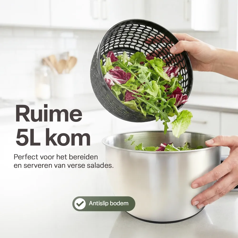 Chefino All - Slacentrifuge RVS 5L met Snij- en Raspmessen – Salade Spinner – Sladroger – Slakom met Mandoline – Groentesn...