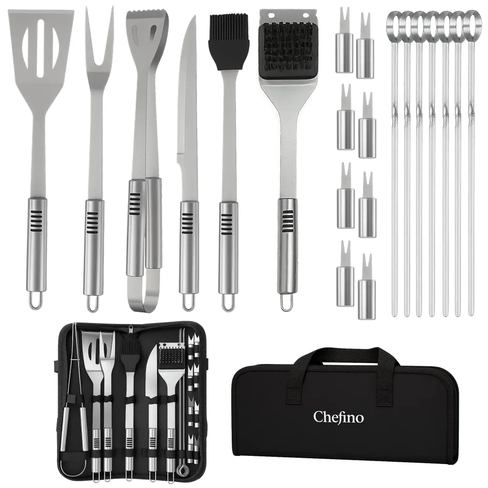 Chefino BBQ Accessoires Set – 21-delig BBQ Pakket – Compleet RVS Barbecue Accessoires met Draagtas – Roestvrijstaal Kamado...