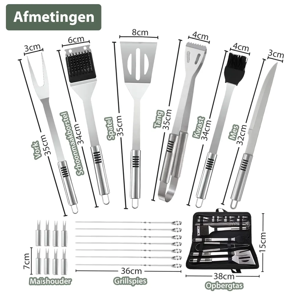 Chefino BBQ Accessoires Set – 21-delig BBQ Pakket – Compleet RVS Barbecue Accessoires met Draagtas – Roestvrijstaal Kamado...