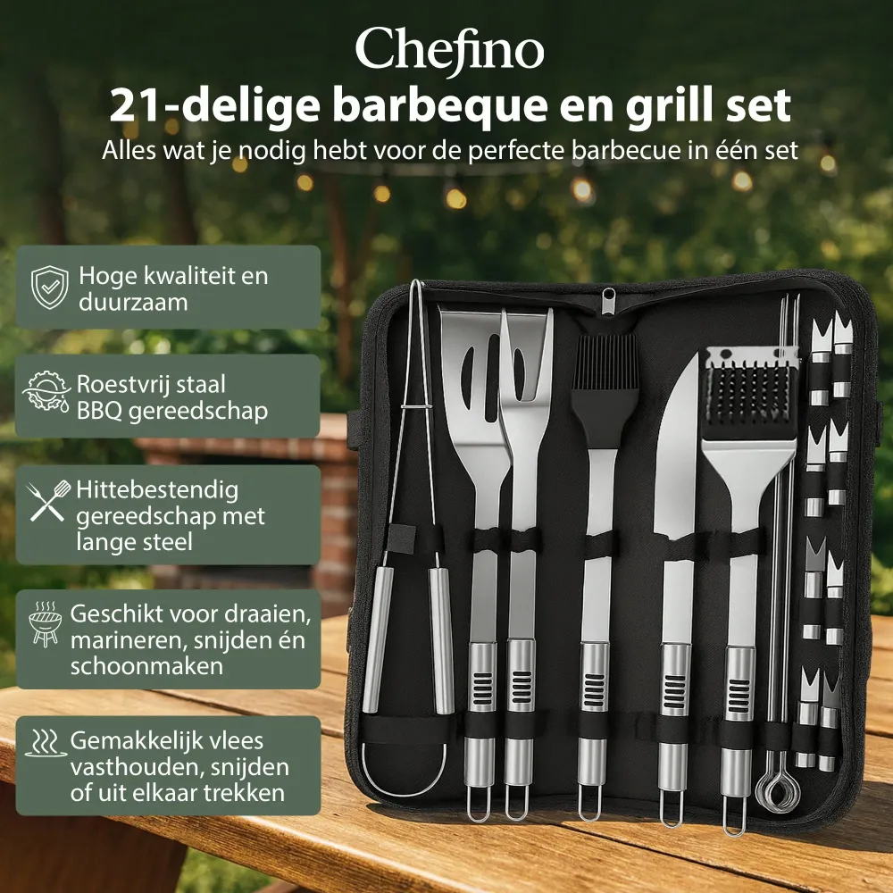 Chefino BBQ Accessoires Set – 21-delig BBQ Pakket – Compleet RVS Barbecue Accessoires met Draagtas – Roestvrijstaal Kamado...