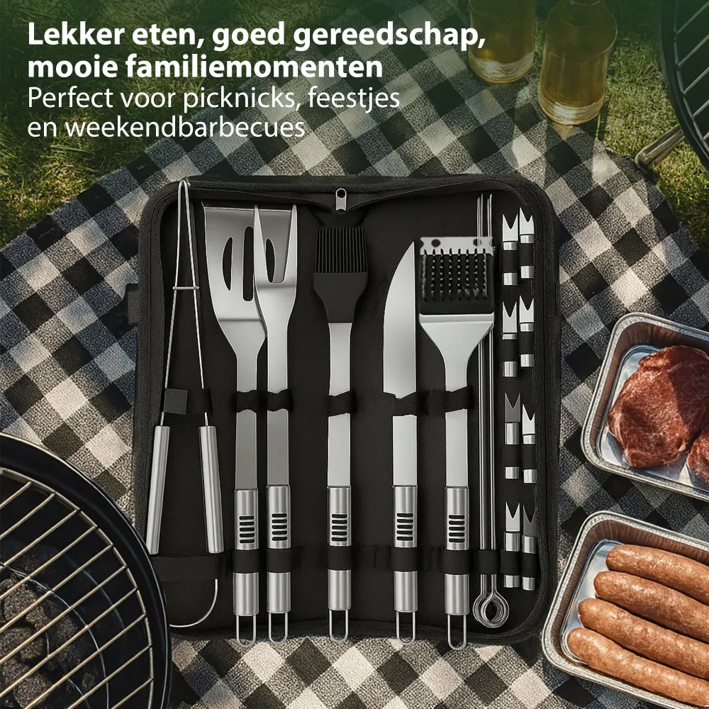 Chefino BBQ Accessoires Set – 21-delig BBQ Pakket – Compleet RVS Barbecue Accessoires met Draagtas – Roestvrijstaal Kamado...