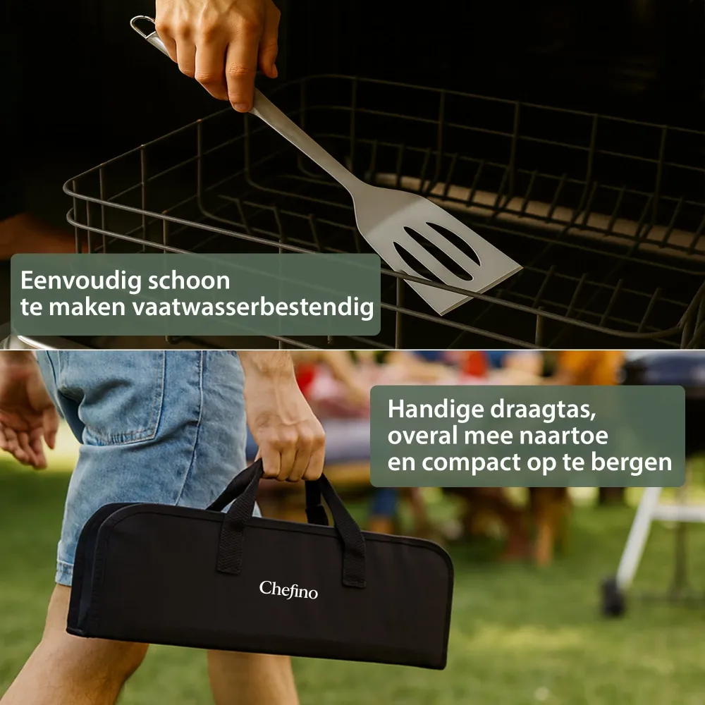 Chefino BBQ Accessoires Set – 21-delig BBQ Pakket – Compleet RVS Barbecue Accessoires met Draagtas – Roestvrijstaal Kamado...
