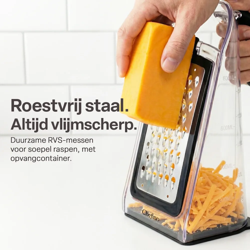Chefino Fineza - Kaasrasp met Opvangbak – RVS Groenterasp – Keukenrasp met Container – 3 Verwisselbare Raspbladen – Handra...