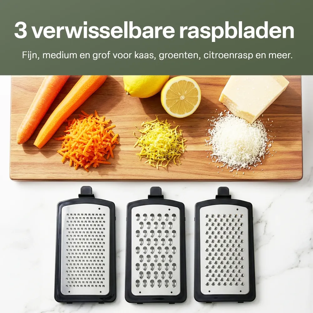 Chefino Fineza - Kaasrasp met Opvangbak – RVS Groenterasp – Keukenrasp met Container – 3 Verwisselbare Raspbladen – Handra...