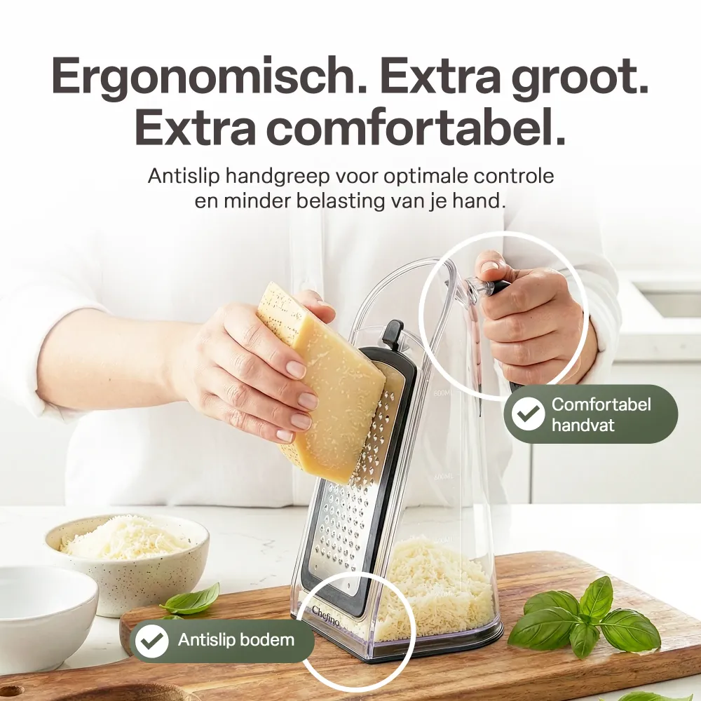 Chefino Fineza - Kaasrasp met Opvangbak – RVS Groenterasp – Keukenrasp met Container – 3 Verwisselbare Raspbladen – Handra...