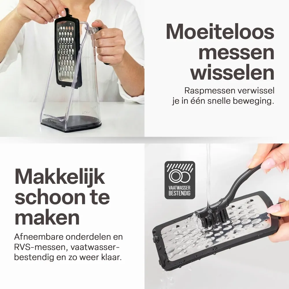 Chefino Fineza - Kaasrasp met Opvangbak – RVS Groenterasp – Keukenrasp met Container – 3 Verwisselbare Raspbladen – Handra...