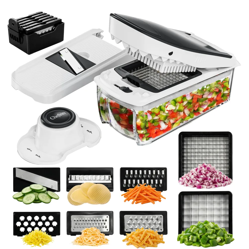 Chefino Squalo - Groentesnijder Set met Opvangbak – Mandoline Snijder – 8 RVS Messen – Uiensnijder & Blokjessnijder – Groe...