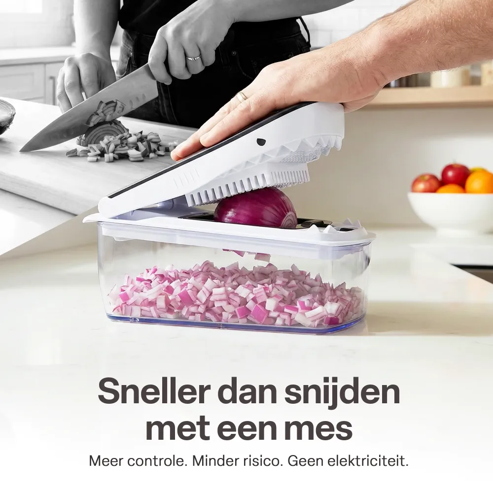 Chefino Squalo - Groentesnijder Set met Opvangbak – Mandoline Snijder – 8 RVS Messen – Uiensnijder & Blokjessnijder – Groe...