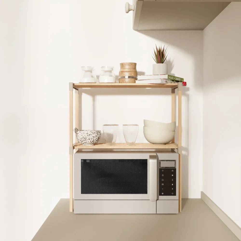FixWood 2-laags Ovenrek – Keukenrek van Hout en Kunststof – Magnetron Rek – 58x34x63 cm – Multifunctioneel Opslagrek – Ext...