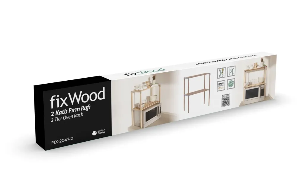 FixWood 2-laags Ovenrek – Keukenrek van Hout en Kunststof – Magnetron Rek – 58x34x63 cm – Multifunctioneel Opslagrek – Ext...