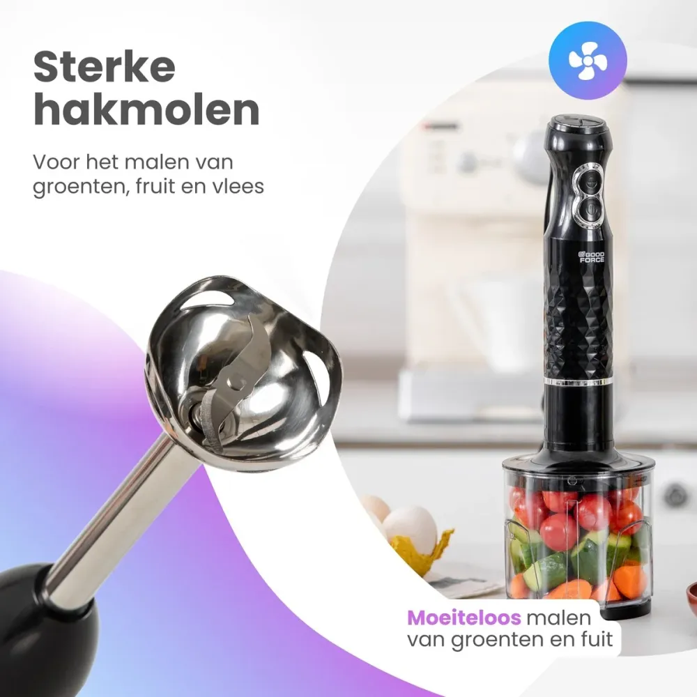 GoodForce RVS Staafmixer - 6 1 Staafmixer Set met Hakmolen - Smoothiemaker- Garde - Klopper - 600 ml Mengbeker