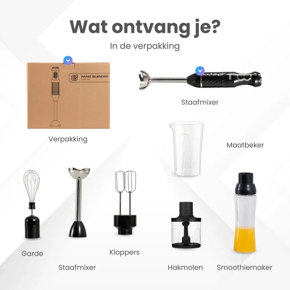 GoodForce RVS Staafmixer - 6 1 Staafmixer Set met Hakmolen - Smoothiemaker- Garde - Klopper - 600 ml Mengbeker