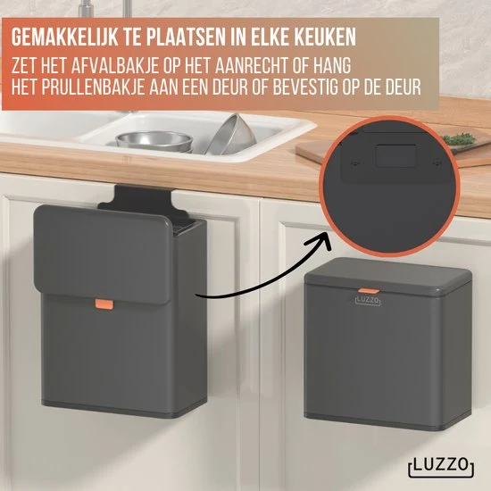 Luzzo® Loft Afvalbakje Aanrecht 5 liter - Uitneembare Binnenbak - Neerzetten-Ophangen - Zwart