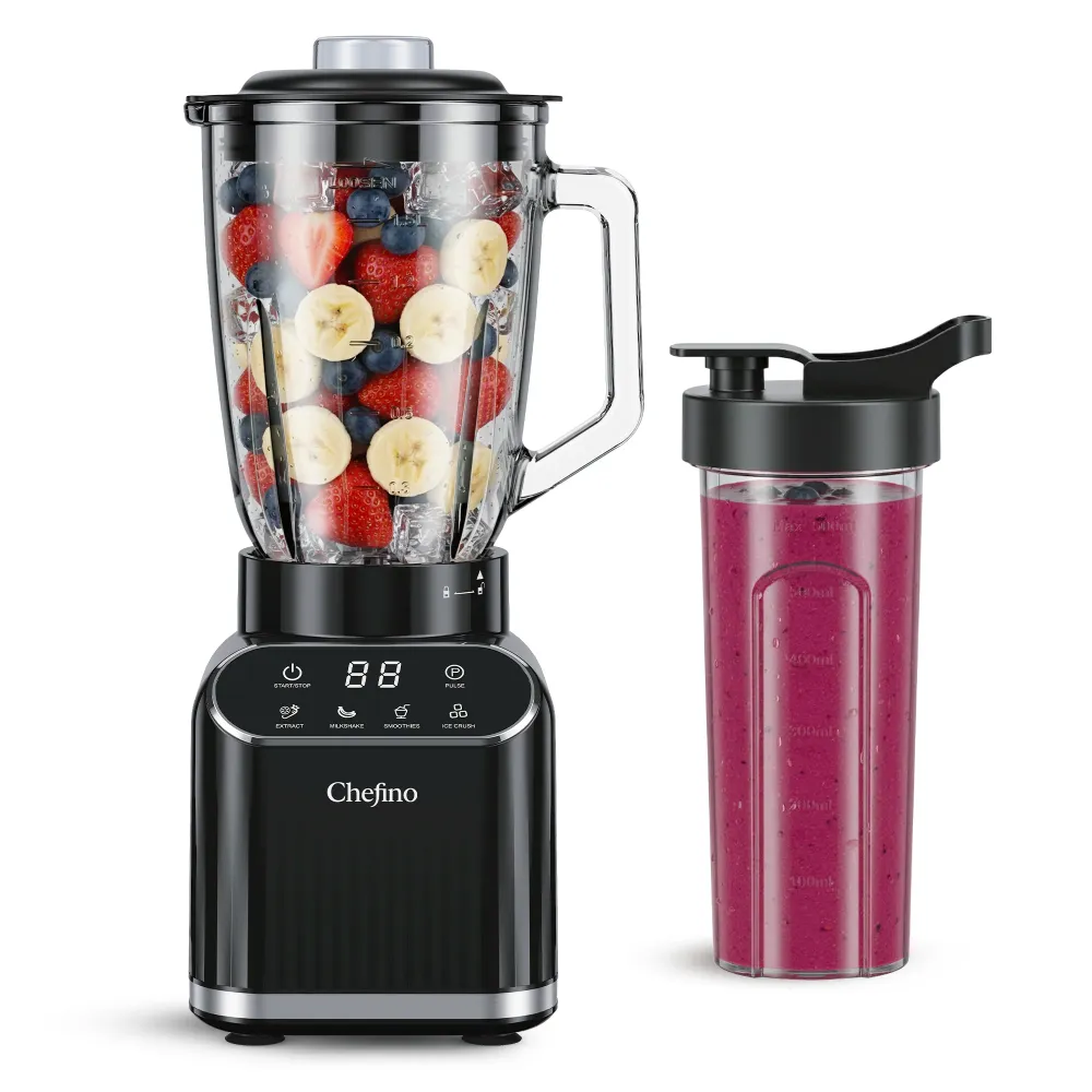 Chefino Blender 1400W – Krachtige Smoothie Blender met Glazen Kan 1,5L – Inclusief 700 ml To-Go Beker – 6-Blads & 4-Blads...