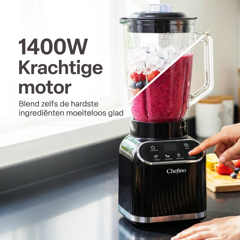 Chefino Blender 1400W – Krachtige Smoothie Blender met Glazen Kan 1,5L – Inclusief 700 ml To-Go Beker – 6-Blads & 4-Blads...