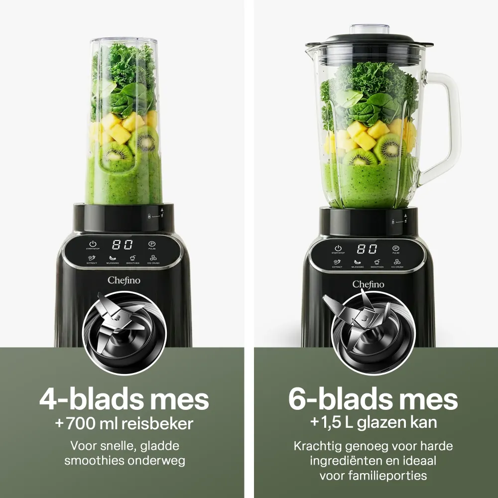 Chefino Blender 1400W – Krachtige Smoothie Blender met Glazen Kan 1,5L – Inclusief 700 ml To-Go Beker – 6-Blads & 4-Blads...
