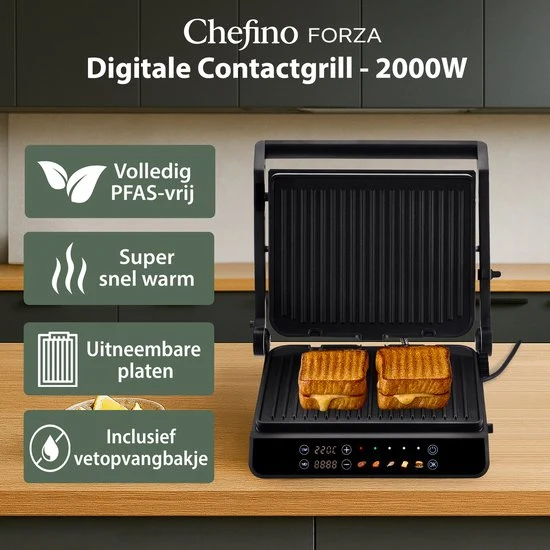 Chefino Contactgrill XL - 2000W - PFAS-vrij, uitneembare platen & 5 kookstanden - Groot Formaat - Tosti ijzer - Panini mak...