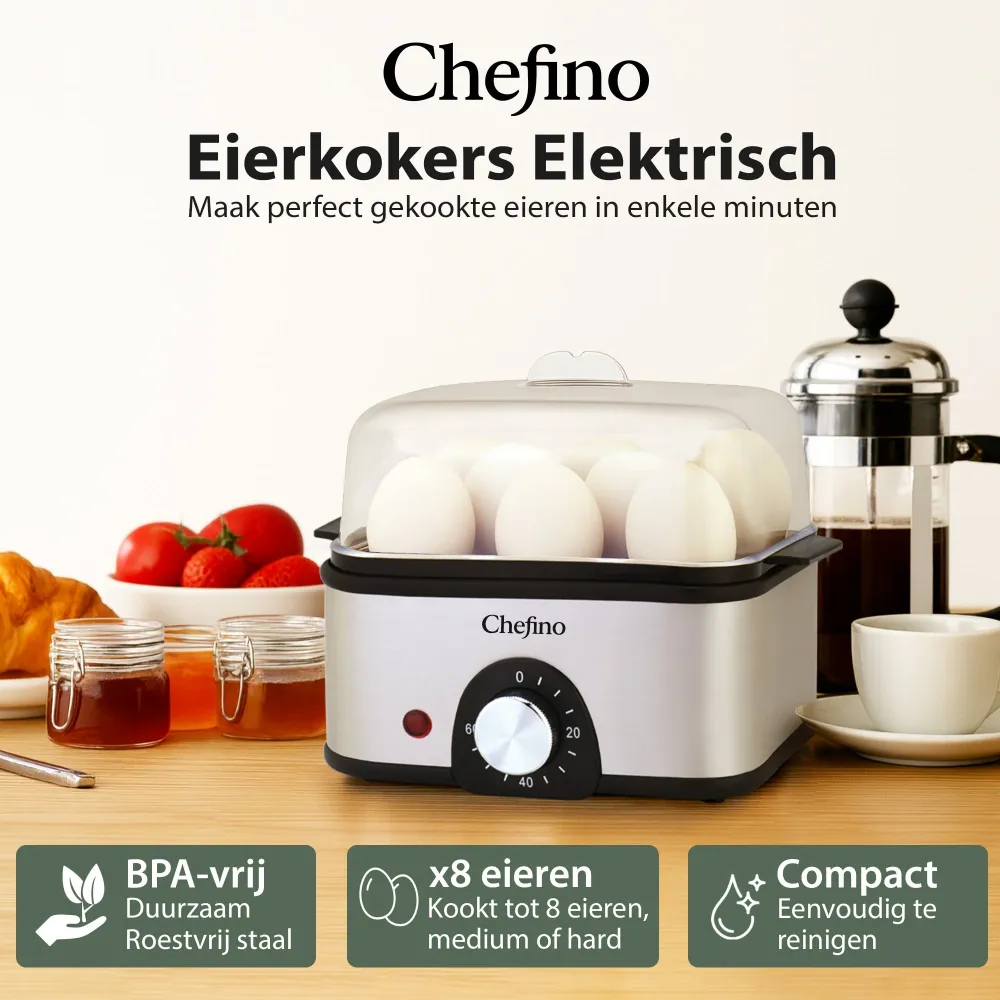 Chefino Eierkoker – Elektrisch – 8 Eieren – RVS – BPA-vrij – Timer & Automatische Uitschakeling – Inclusief Maatbeker met...