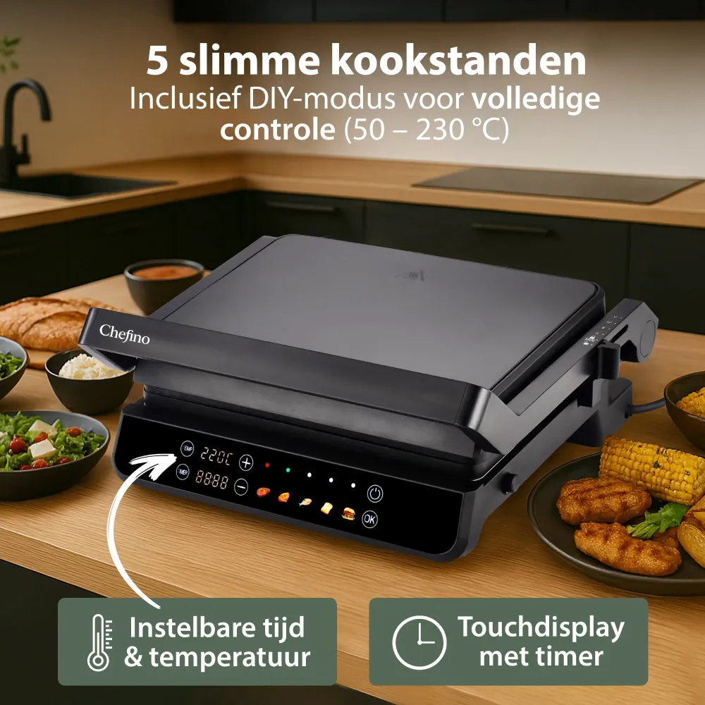 Chefino Forza Digitale Contactgrill - XL - 2000W - PFAS-vrij, uitneembare platen & 5 kookstanden - Groot Formaat - Tosti i...