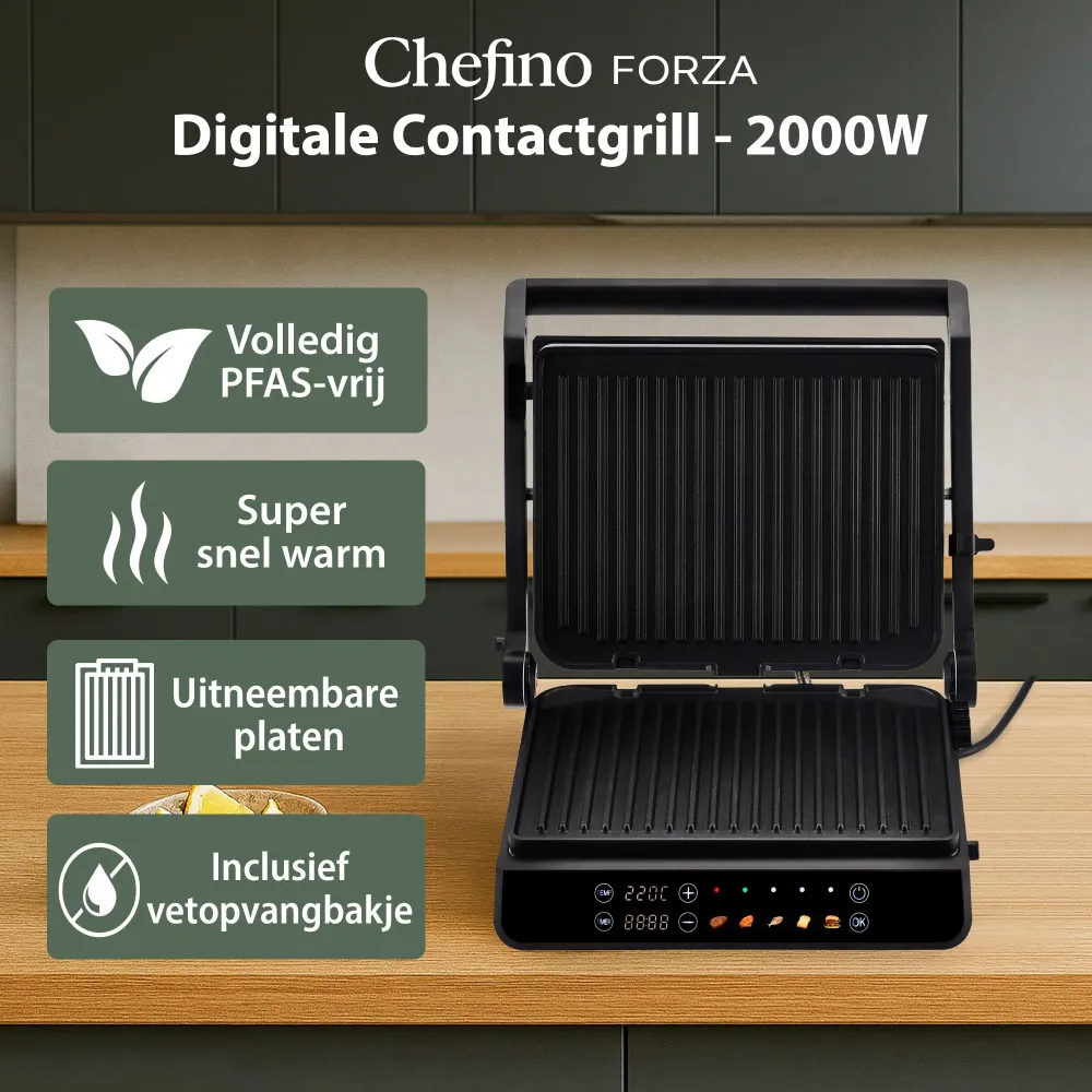 Chefino Forza Digitale Contactgrill - XL - 2000W - PFAS-vrij, uitneembare platen & 5 kookstanden - Groot Formaat - Tosti i...