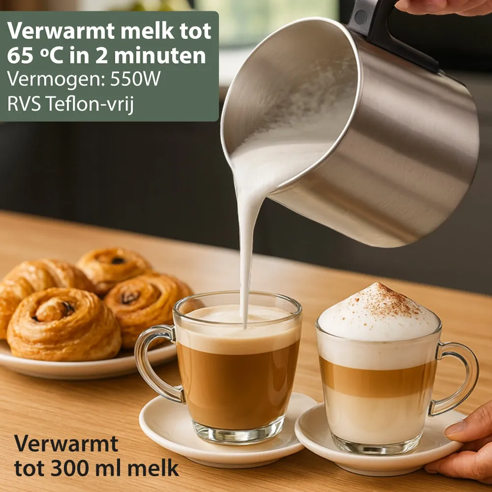 Chefino Melkopschuimer – PFAS-vrij & RVS – 4 Programma’s – Warm & Koud Opschuimen – 300 ml – 550 W – Automatische Uitschak...