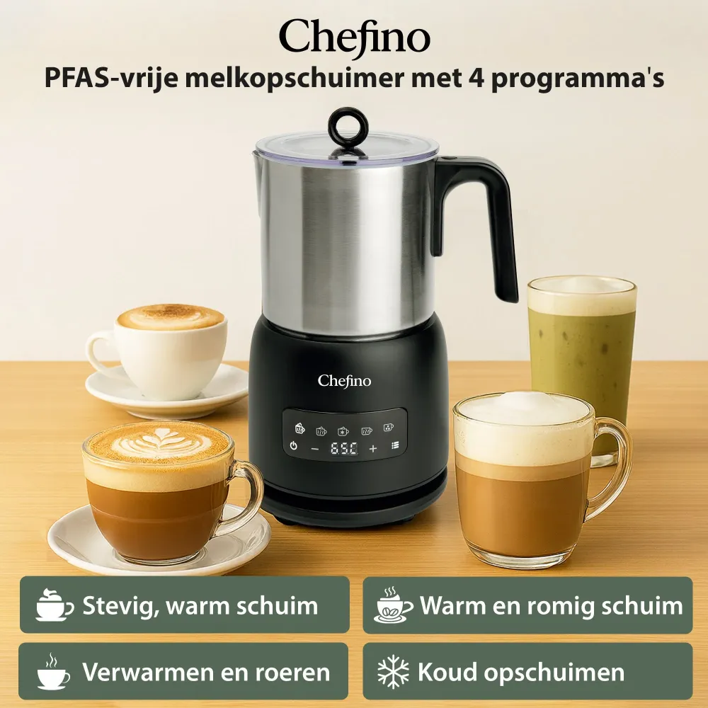 Chefino Melkopschuimer – PFAS-vrij & RVS – 4 Programma’s – Warm & Koud Opschuimen – 300 ml – 550 W – Automatische Uitschak...