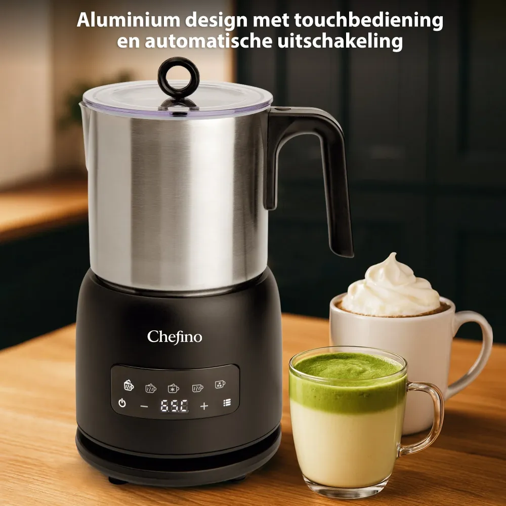 Chefino Melkopschuimer – PFAS-vrij & RVS – 4 Programma’s – Warm & Koud Opschuimen – 300 ml – 550 W – Automatische Uitschak...