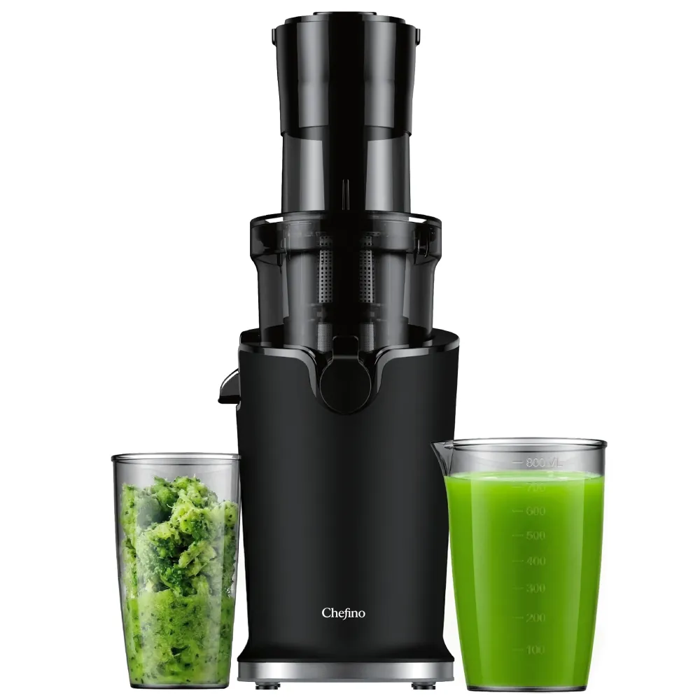 Chefino Slowjuicer – Koude Pers Sapcentrifuge – Extra Brede Vultrechter 9 cm – Stille High-Torque Motor – Dubbel Filtersys...