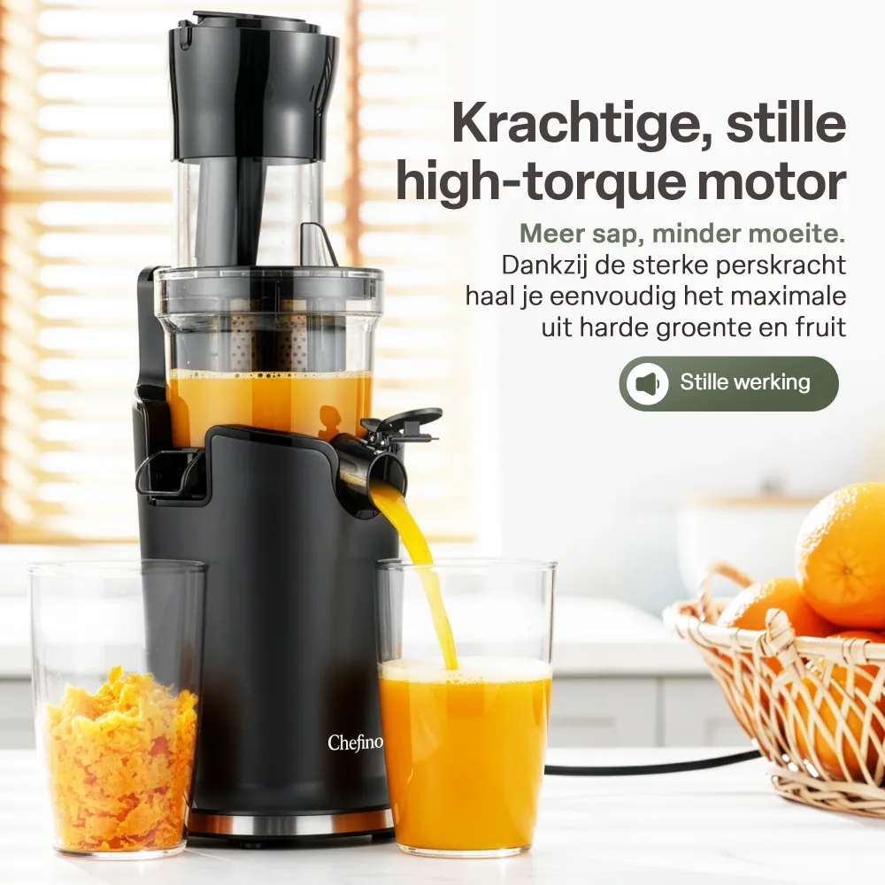 Chefino Slowjuicer – Koude Pers Sapcentrifuge – Extra Brede Vultrechter 9 cm – Stille High-Torque Motor – Dubbel Filtersys...
