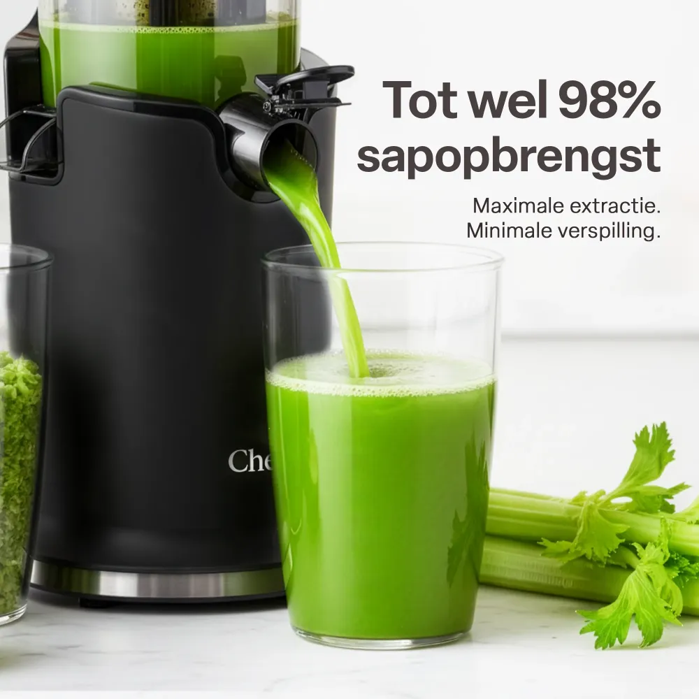 Chefino Slowjuicer – Koude Pers Sapcentrifuge – Extra Brede Vultrechter 9 cm – Stille High-Torque Motor – Dubbel Filtersys...