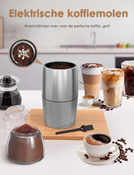 Elektrische Koffiemolen - 200W - 60g Capaciteit - Roestvrij Staal - Stil (45dB) - Koffiebonen, Noten & Specerijen