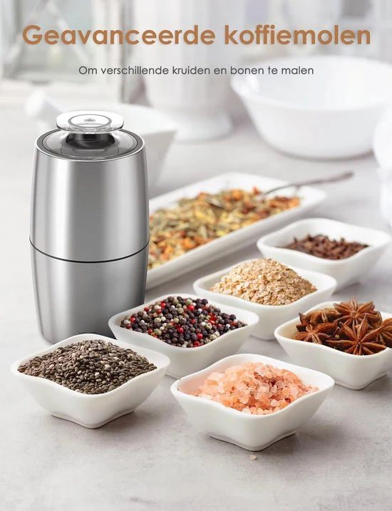 Elektrische Koffiemolen - 200W - 60g Capaciteit - Roestvrij Staal - Stil (45dB) - Koffiebonen, Noten & Specerijen