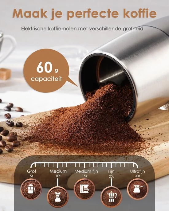 Elektrische Koffiemolen - 200W - 60g Capaciteit - Roestvrij Staal - Stil (45dB) - Koffiebonen, Noten & Specerijen