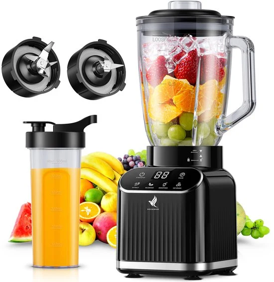 NovaWare Blender - 1.5L - Inclusief beker to go 600ml - 1300W Smoothie Maker - Mini Blender – Met Display - Glas - Zwart