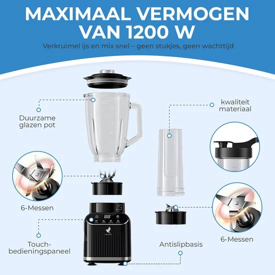 NovaWare Blender - 1.5L - Inclusief beker to go 600ml - 1300W Smoothie Maker - Mini Blender – Met Display - Glas - Zwart