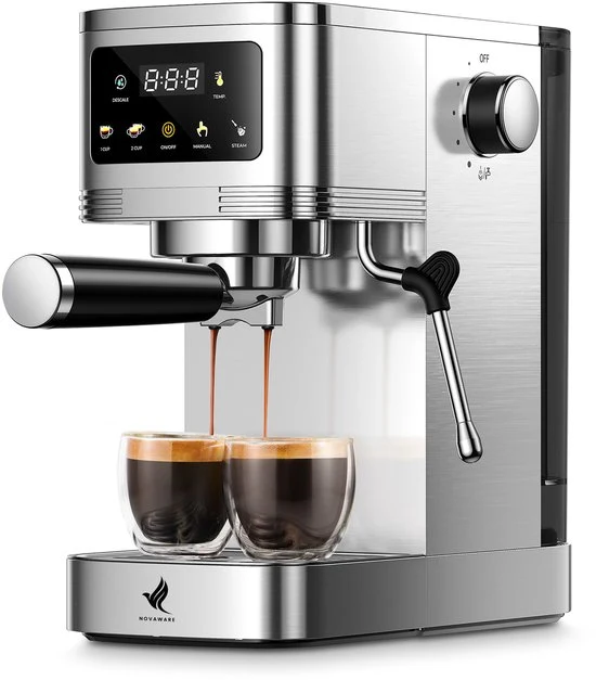 NovaWare® Espressomachine – Pistonmachine – Koffiemachines - Kopjesverwarmer - Met Stoompijpje - RVS