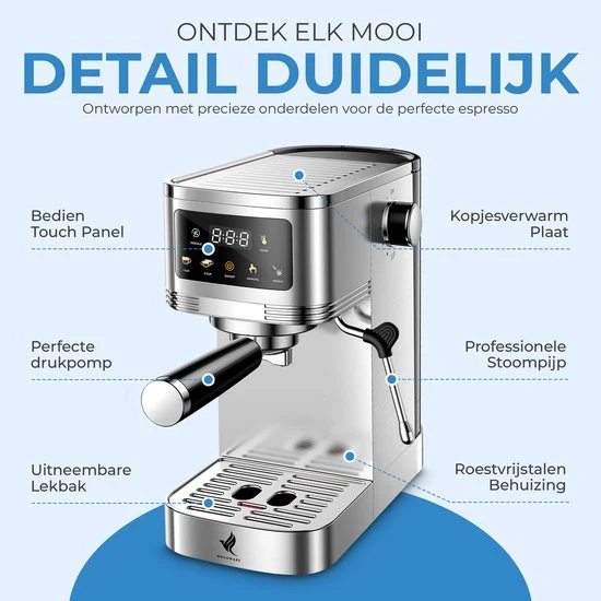 NovaWare® Espressomachine – Pistonmachine – Koffiemachines - Kopjesverwarmer - Met Stoompijpje - RVS