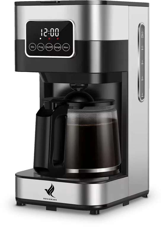 NovaWare Koffiezetapparaat Filterkoffie - 1.5L – Met Glazen Kan & Herbruikbaar Filter - Koffiemachines - Display – 12 Kopj...